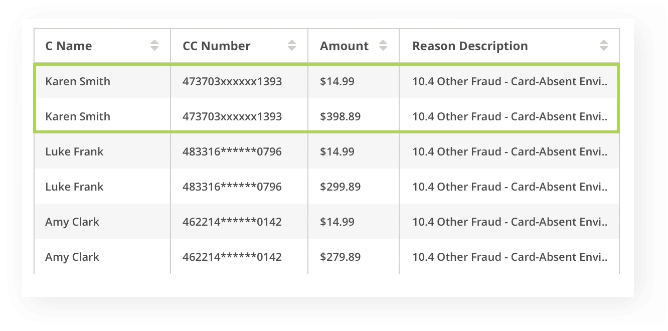 chargeback reporting for Fiona's